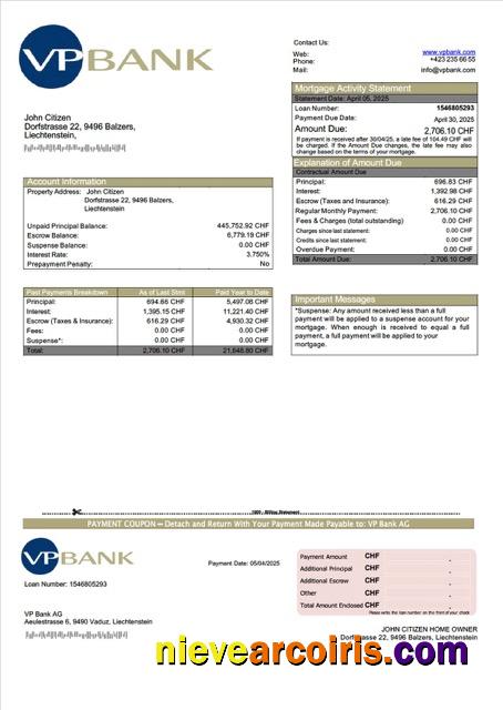Liechtenstein VP Bank AG mortgage statement Word and PDF template